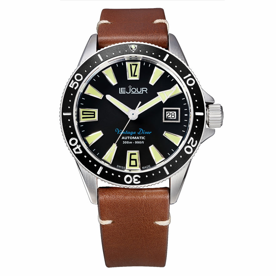 LeJour Vintage Diver LJ-VD-001 orologio pelle nero 40mm