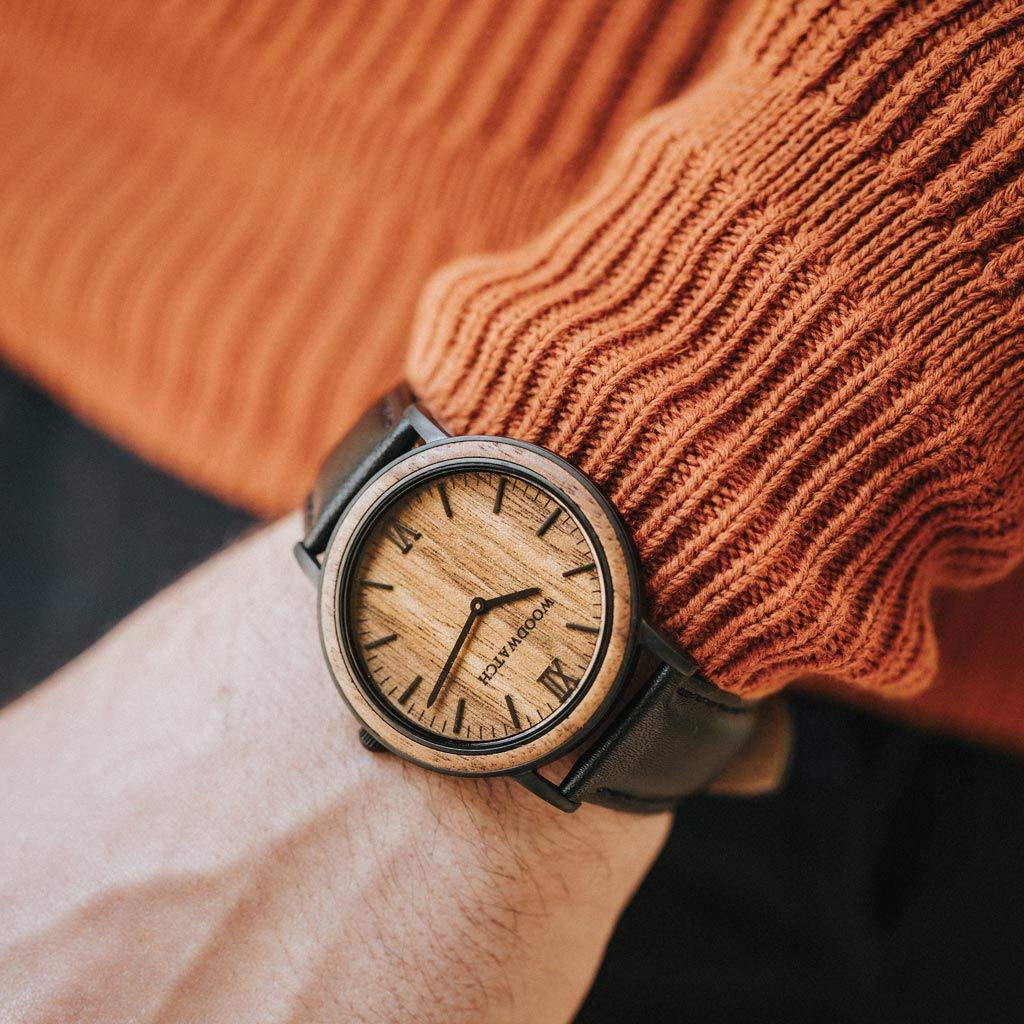 WoodWatch Classic Brown Walnut Jet orologio legno uomo pelle nera