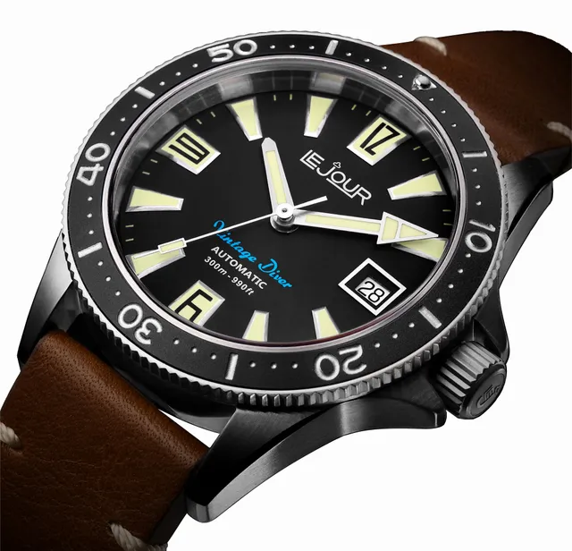 LeJour Vintage Diver LJ-VD-001 orologio pelle nero 40mm