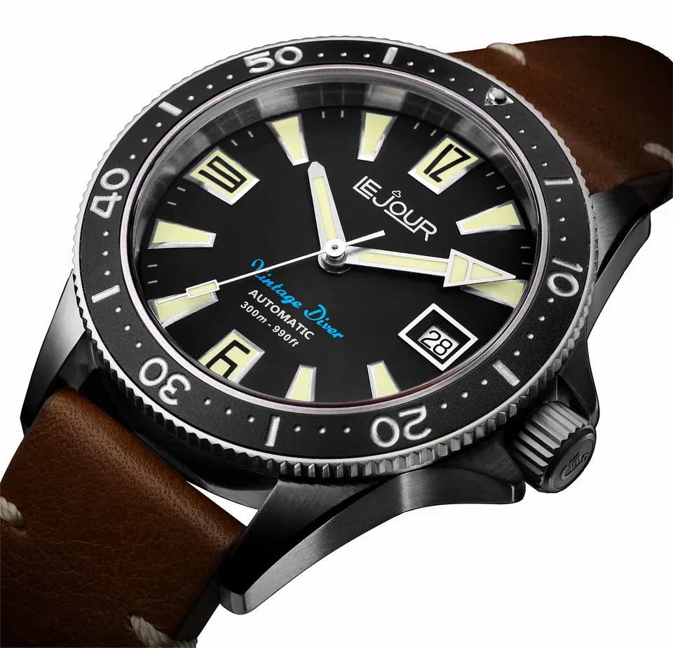 LeJour Vintage Diver LJ-VD-001 orologio pelle nero 40mm
