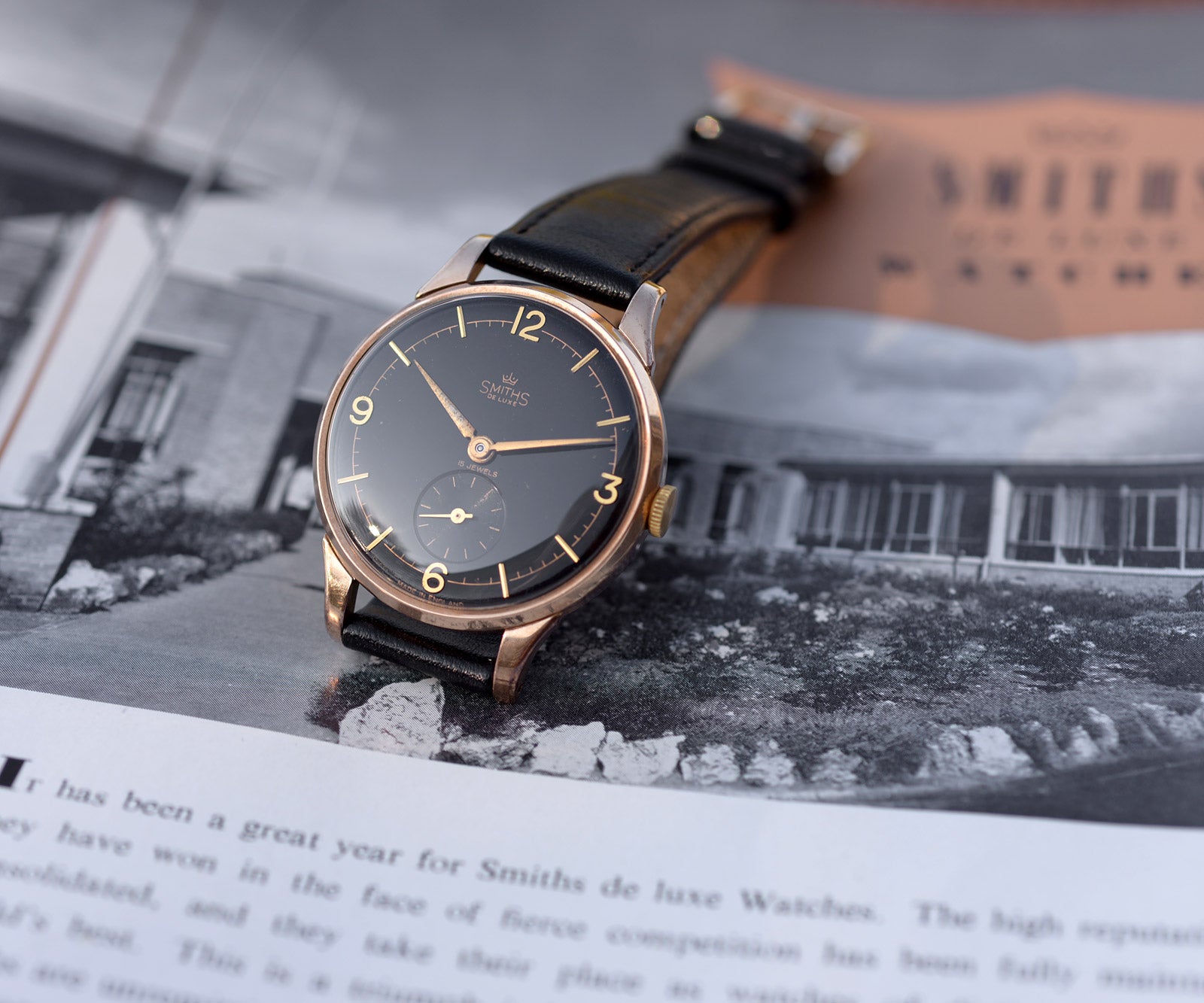 Smiths De Luxe Oversize orologio oro 9ct 35mm quadrante nero