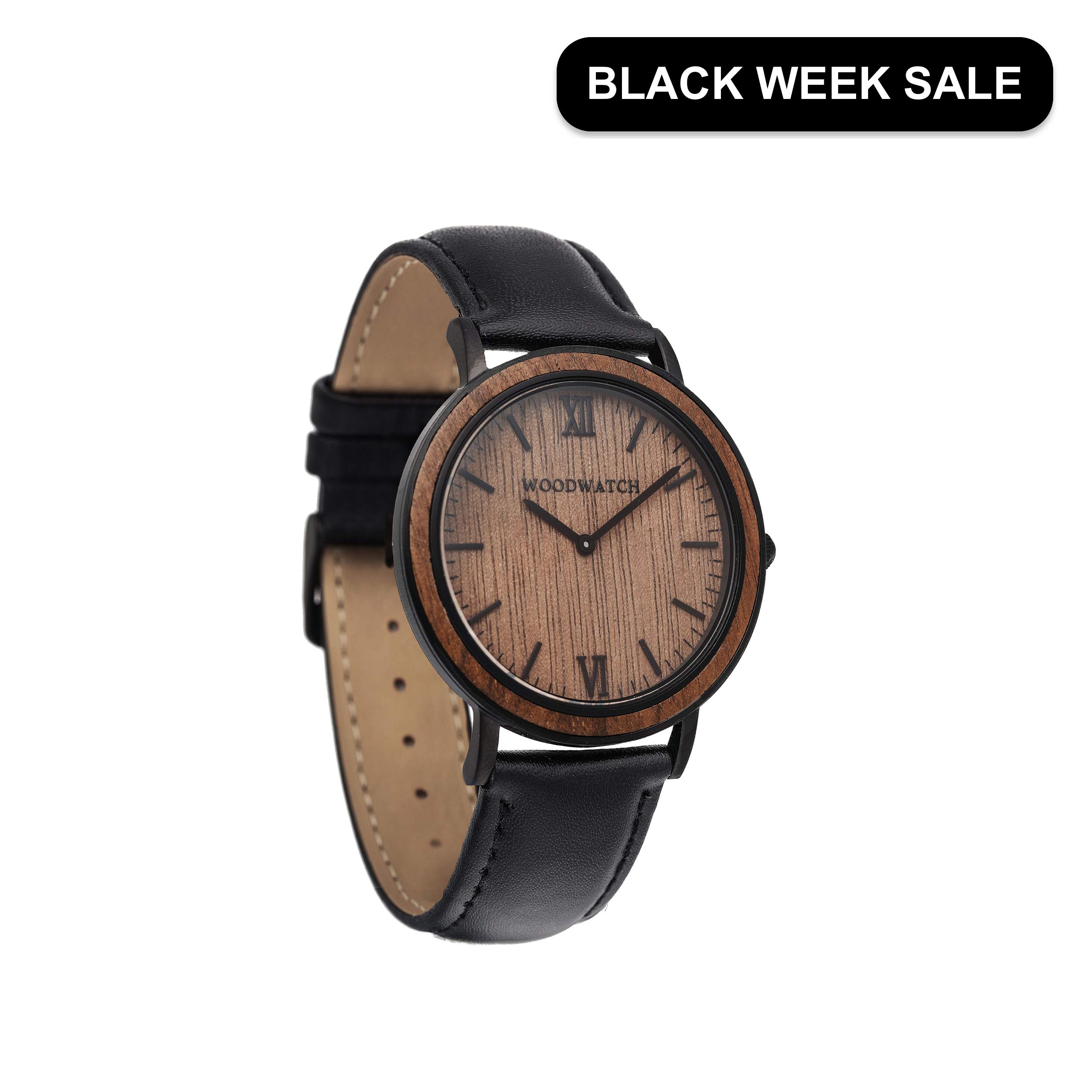 WoodWatch Classic Brown Walnut Jet orologio legno uomo pelle nera