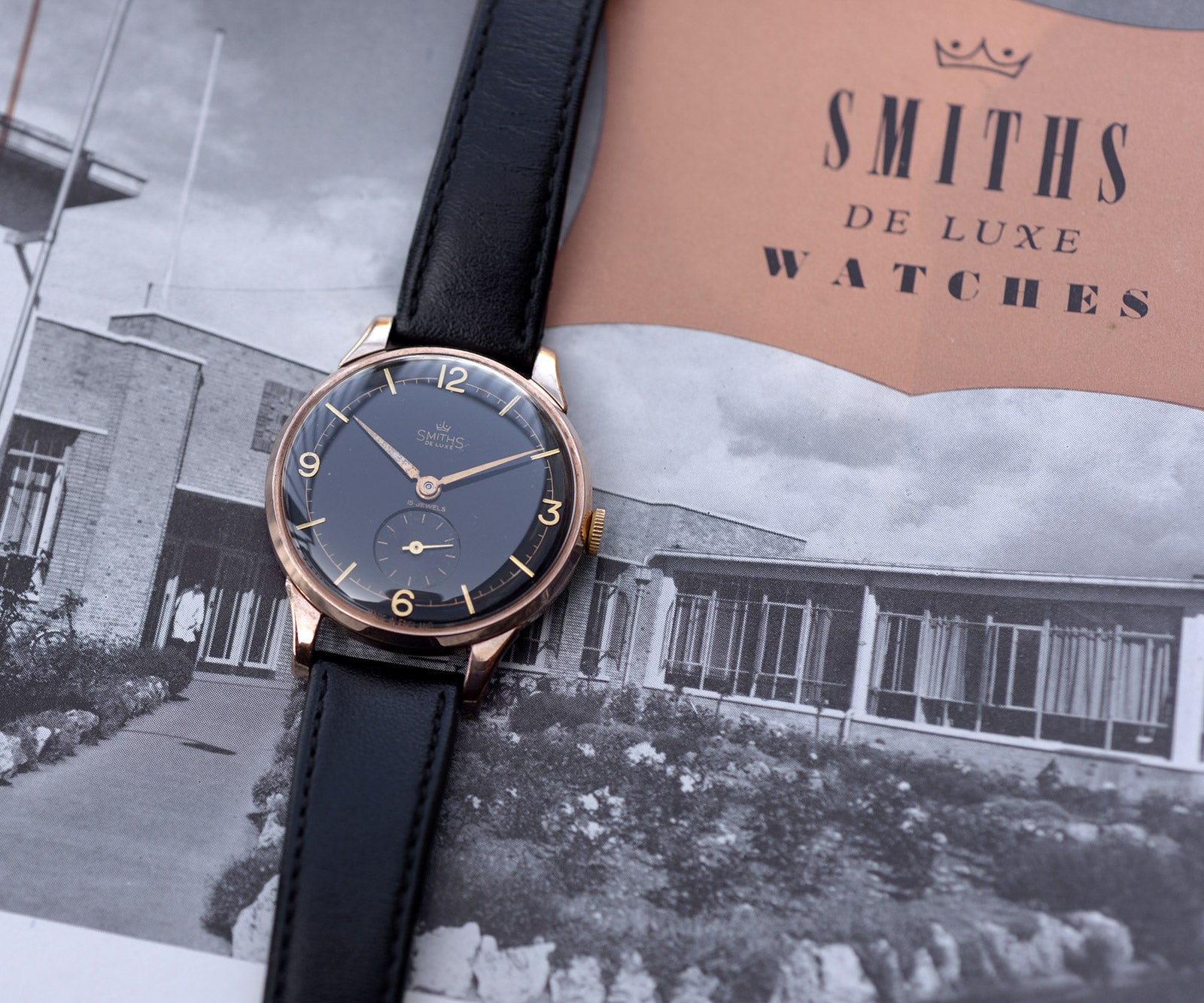 Smiths De Luxe Oversize orologio oro 9ct 35mm quadrante nero