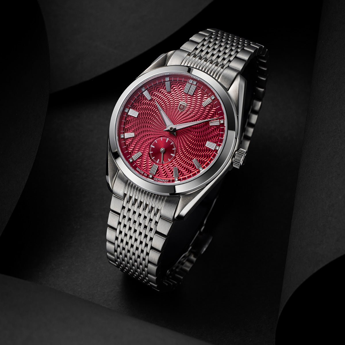 Heinrich Radiance Guilloche Swirl orologio bordeaux elegante