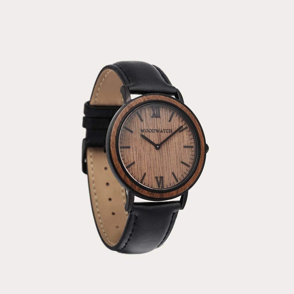 WoodWatch Classic Brown Walnut Jet orologio legno uomo pelle nera